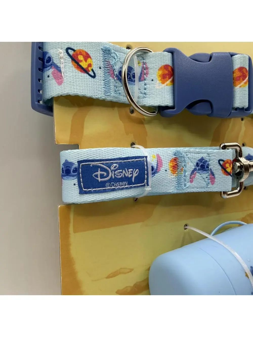 Disney Stitch Dog Leash Plastic Clip Collar and Waste Bag Dispenser Set Blue Lrg